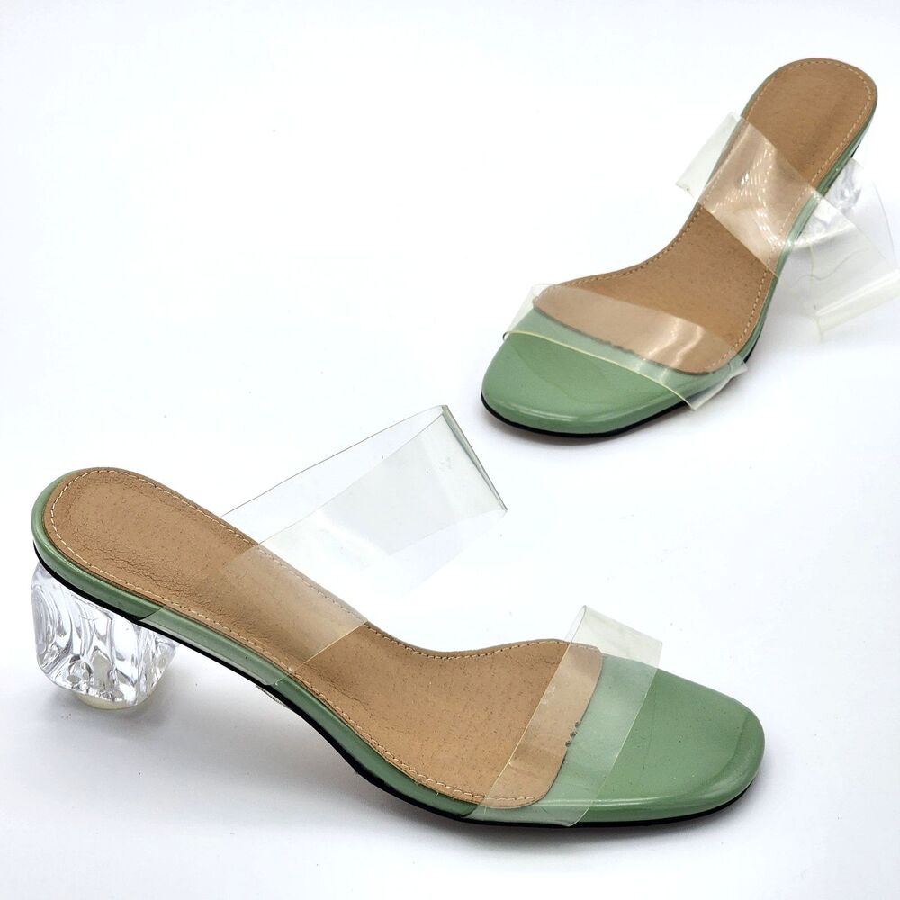 Barely There Sage Green Slip On Crystal Block Lucite Kitte Heel Sandals Size 7